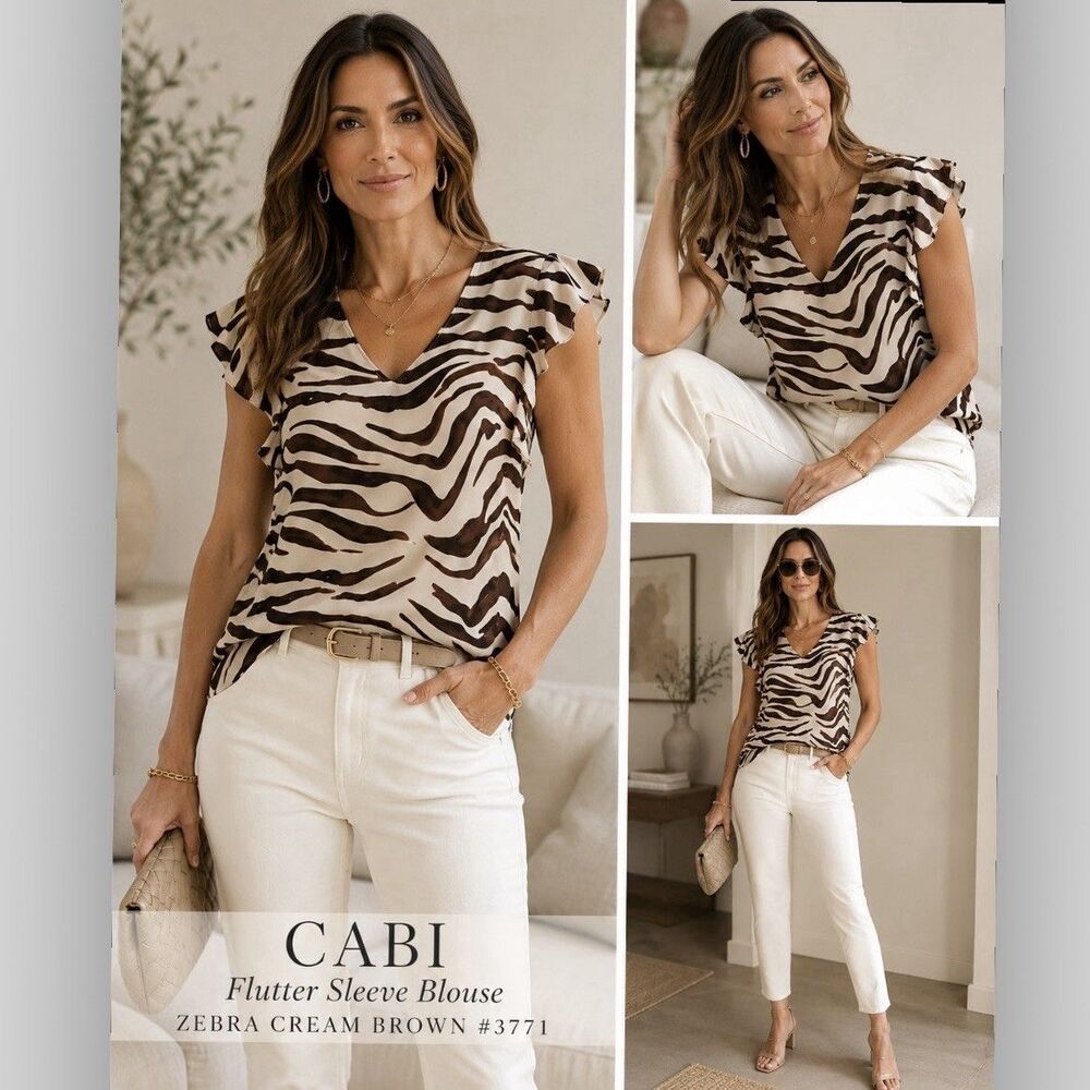 Cabi 3771 Zebra Print Flutter Sleeve Blouse Medium Cream Brown Animal Print Top - Picture 5 of 9